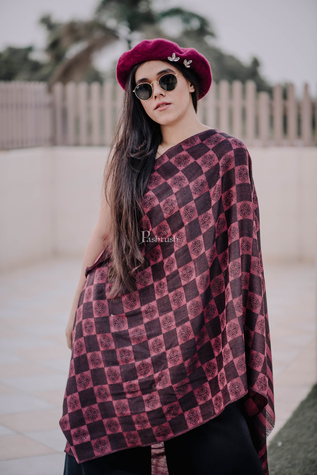 Pashtush India Womens Stoles and Scarves Scarf Pashtush Womens Soft Wool Scarf, Checkered Weave, Black And Maroon