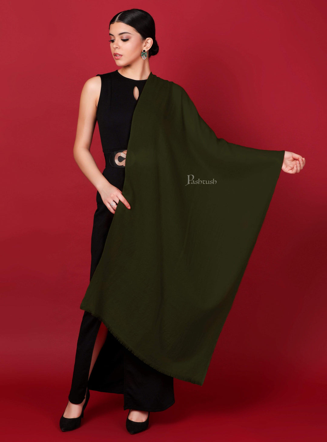 Pashtush India 70x200 Pashtush Womens Softest Cashmere Pashmina Scarf, Diamond Weave, Olive