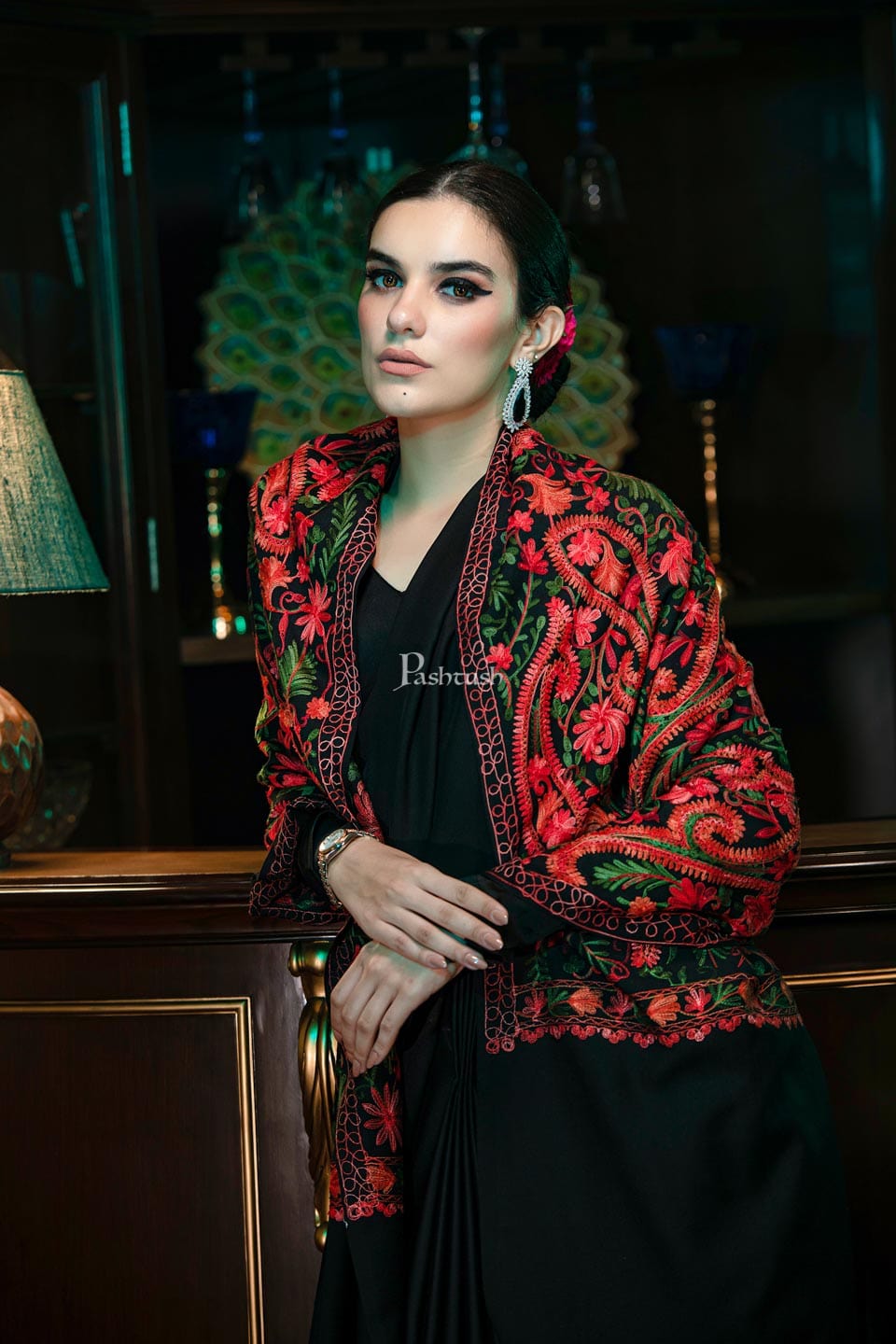 Pashtush India Womens Stoles and Scarves Scarf Pashtush Womens Stole, aari embroidery, Victorian Paisleys, Black