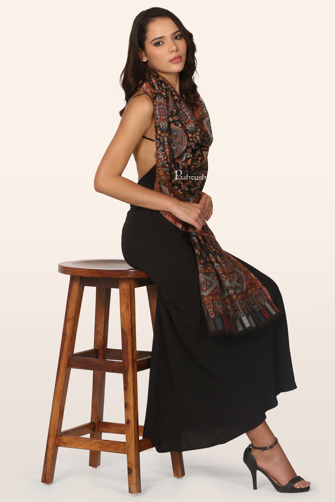 Pashtush India womens scarf and Stoles Pashtush Womens  Stole, Ethnic Weave Design, Black