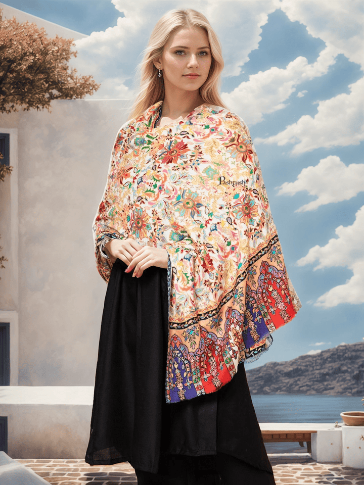 Pashtush India womens scarf and Stoles Pashtush Womens Stole, Extra Fine Wool Kalamakri with Outline Hand Embrodiery, Multicolour
