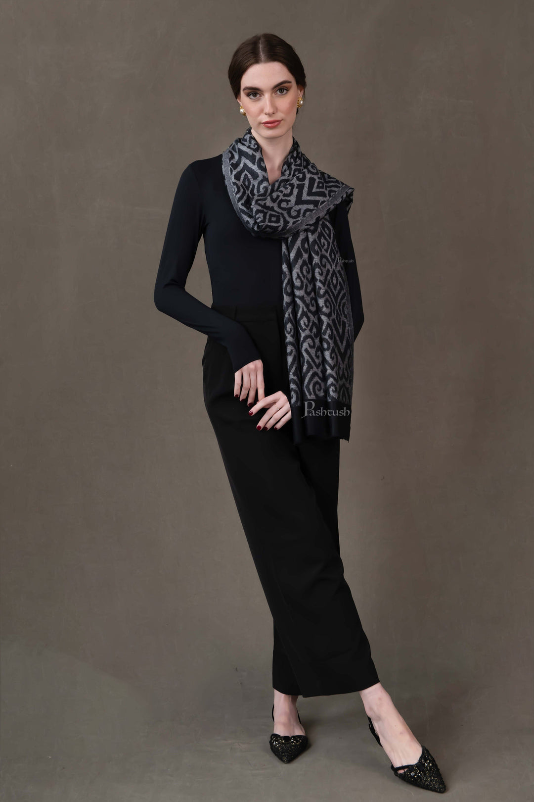 Pashtush India Womens Stoles and Scarves Scarf Pashtush Womens Stole, Extra Fine Wool-Silk, Damascus Black