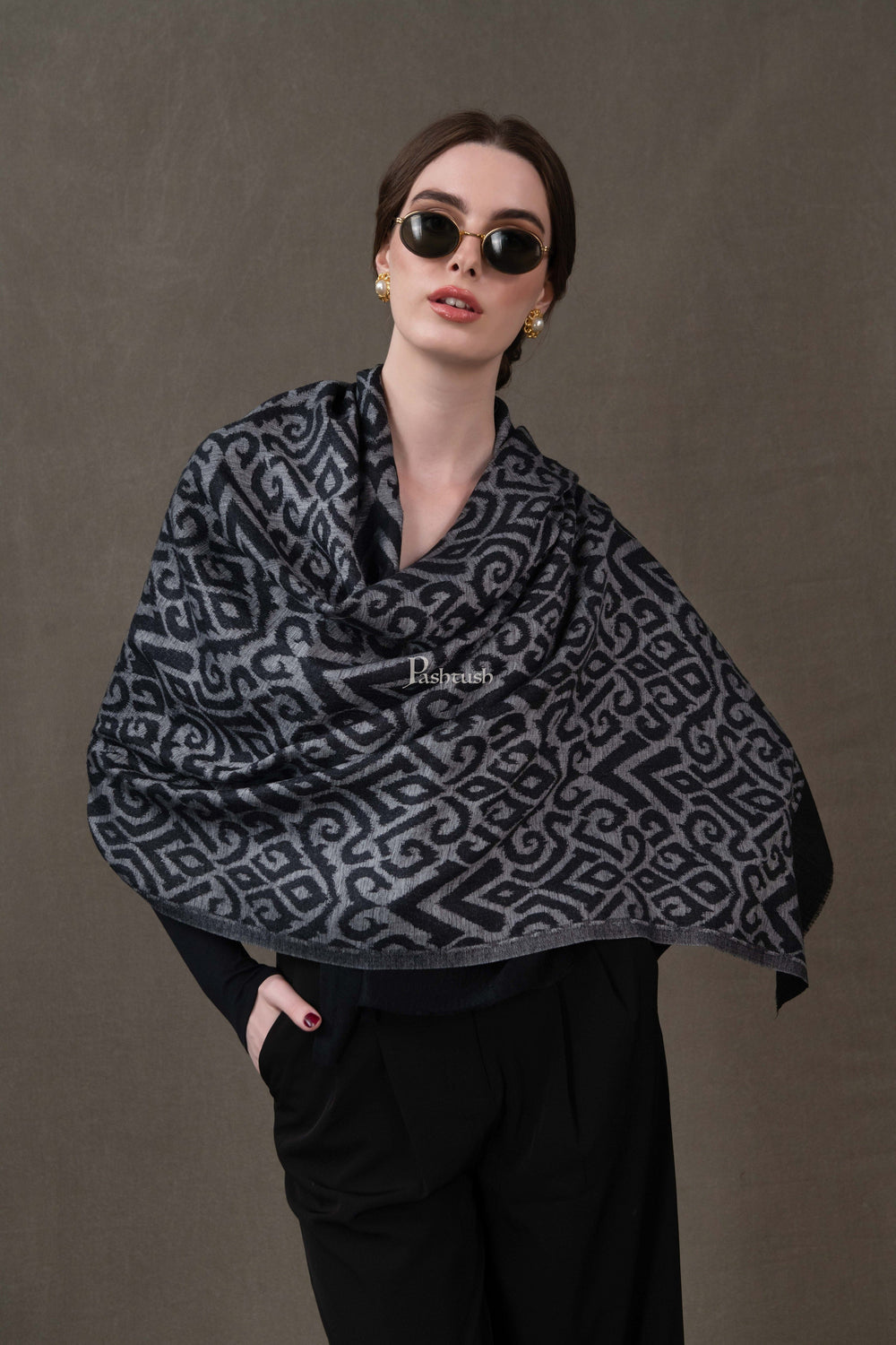 Pashtush India Womens Stoles and Scarves Scarf Pashtush Womens Stole, Extra Fine Wool-Silk, Damascus Black