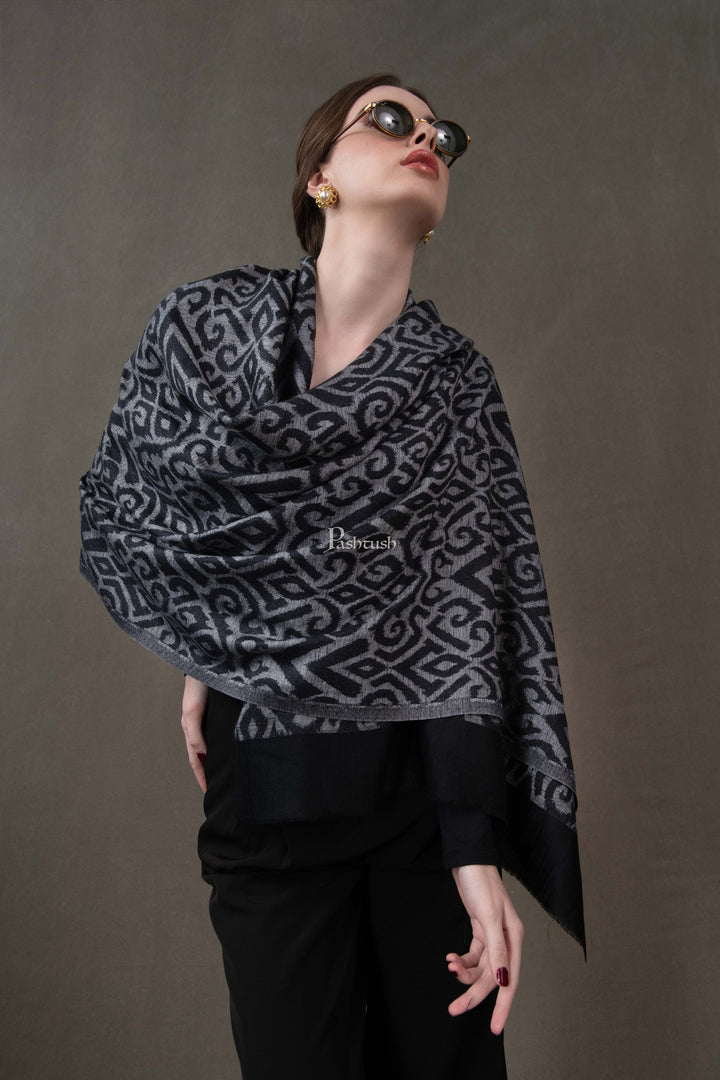 Pashtush India Womens Stoles and Scarves Scarf Pashtush Womens Stole, Extra Fine Wool-Silk, Damascus Black
