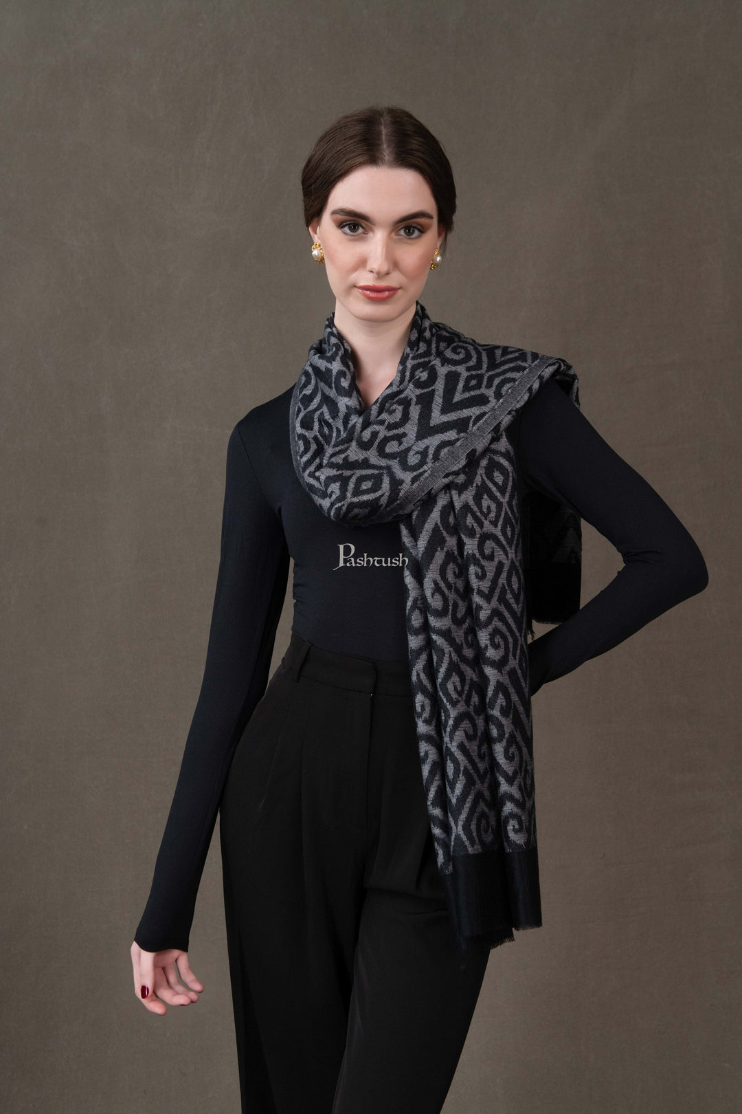 Pashtush India Womens Stoles and Scarves Scarf Pashtush Womens Stole, Extra Fine Wool-Silk, Damascus Black