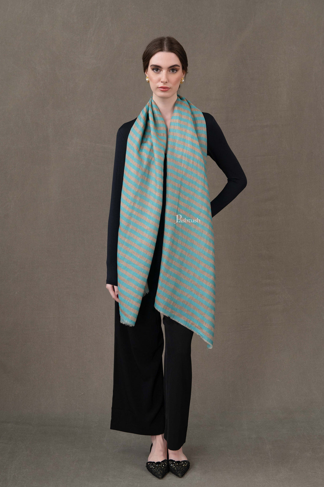 Pashtush India Womens Stoles and Scarves Scarf Pashtush Womens Stole, Extra Fine Wool-Silk, Twilight Collection, Gold Coast Blue