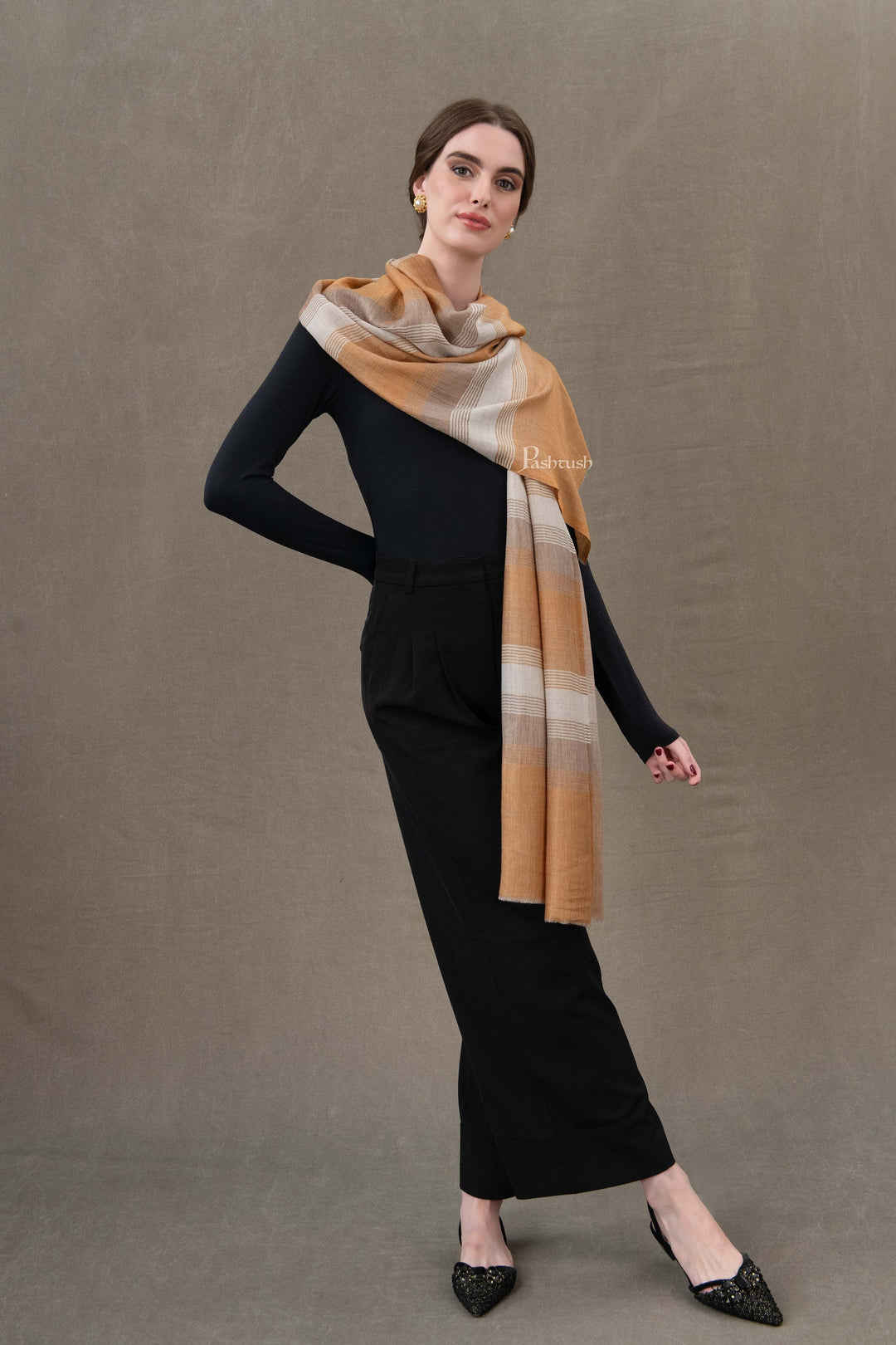 Pashtush India Womens Stoles and Scarves Scarf Pashtush Womens Stole, Extra Fine Wool-Silk, Twilight Collection, Sombre Marigold