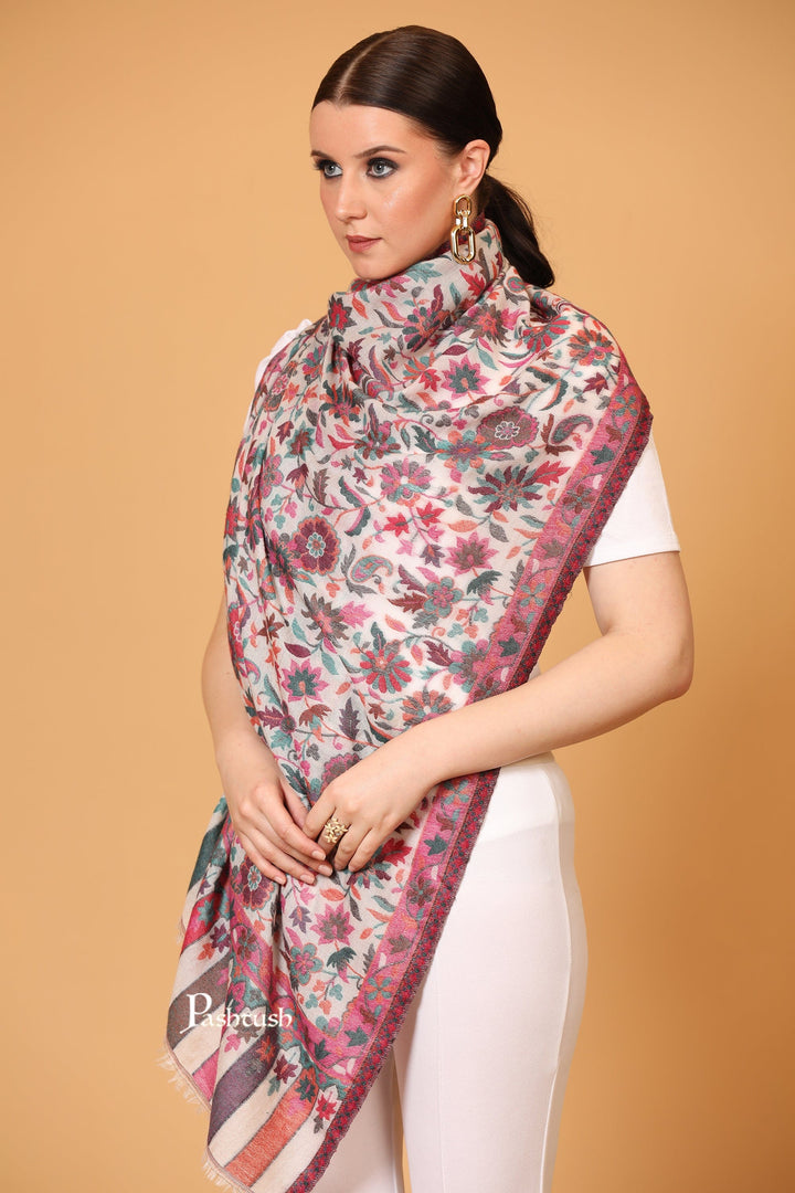 Pashtush India Womens Stoles and Scarves Scarf Pashtush Womens Stole, Extra Soft Fine Wool, Cashmere Wool, Ethnic Weave, Ivory