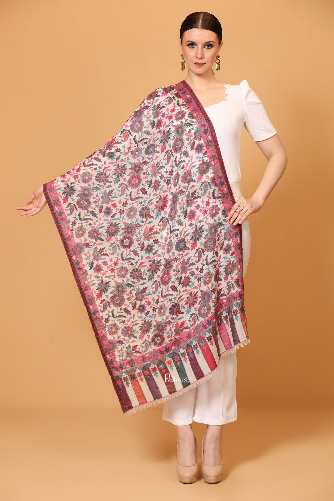 Pashtush India Womens Stoles and Scarves Scarf Pashtush Womens Stole, Extra Soft Fine Wool, Cashmere Wool, Ethnic Weave, Ivory