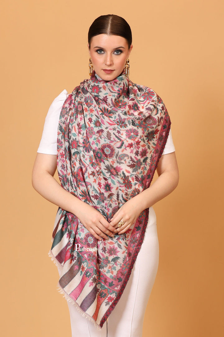 Pashtush India Womens Stoles and Scarves Scarf Pashtush Womens Stole, Extra Soft Fine Wool, Cashmere Wool, Ethnic Weave, Ivory
