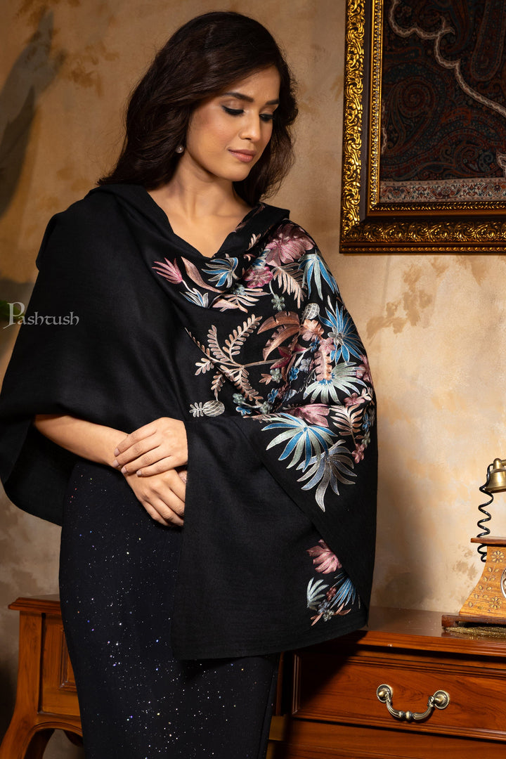 Pashtush India Womens Stoles and Scarves Scarf Pashtush Womens Stole, Fine Silk Wool Hand Crafted Nalki Embroidery, Rich Black