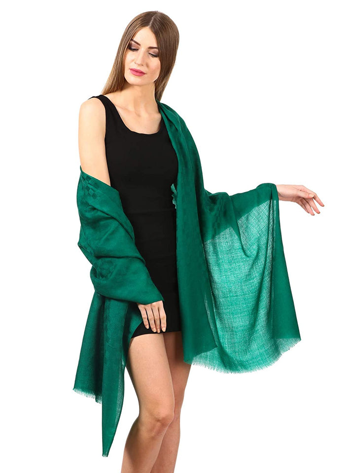 Pashtush Womens Stole, Fine Wool Scarf, Checkered Weave, Bottle Green