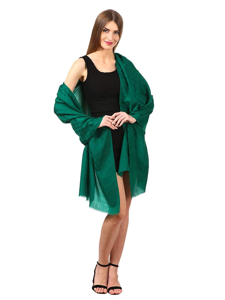 Pashtush Womens Stole, Fine Wool Scarf, Checkered Weave, Bottle Green