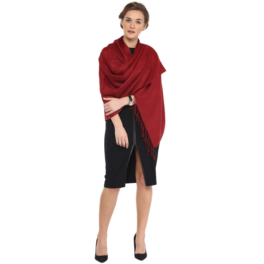 Pashtush Womens Stole, Fine Wool Scarf, Paisley Jacquard Weave, Maroon