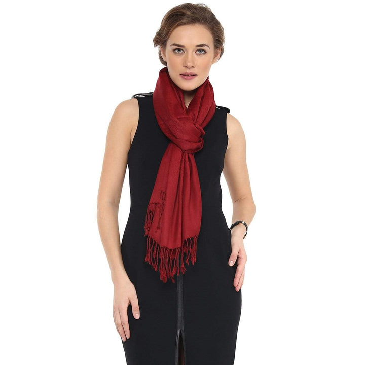 Pashtush Womens Stole, Fine Wool Scarf, Paisley Jacquard Weave, Maroon