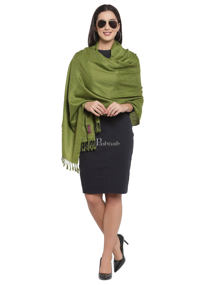 Pashtush India Womens Stoles and Scarves Scarf Pashtush Womens Stole, Fine Wool Scarf, Paisley Jacquard Weave, Olive Green