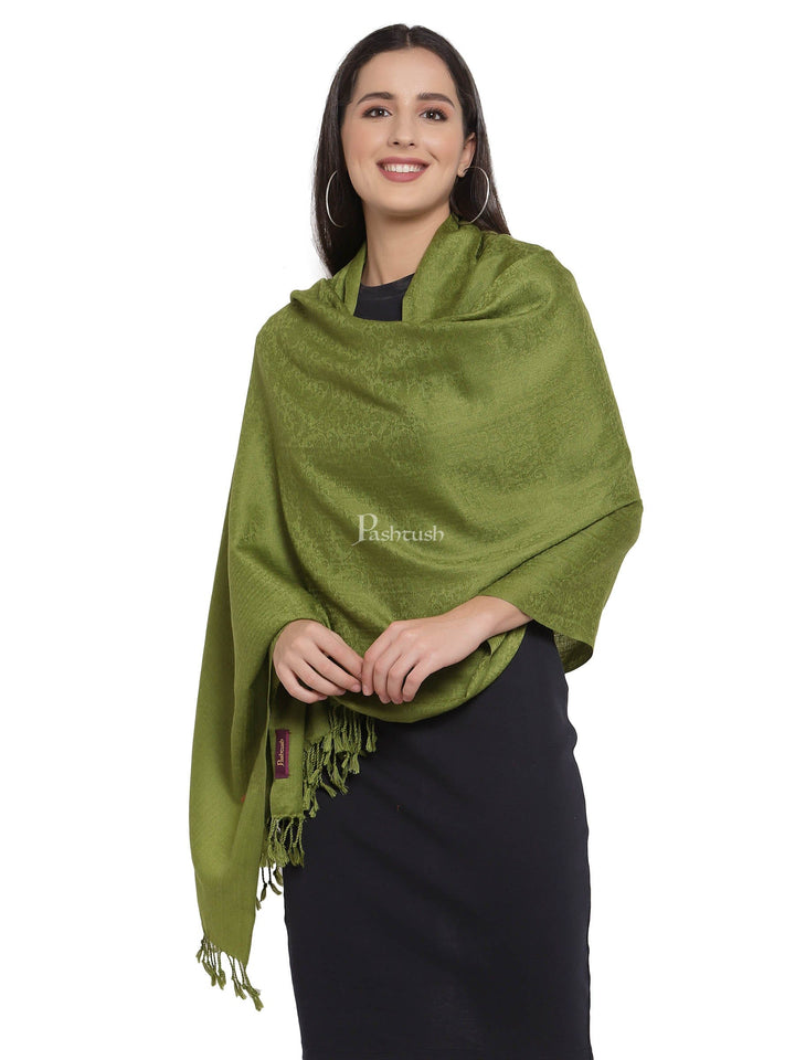 Pashtush India Womens Stoles and Scarves Scarf Pashtush Womens Stole, Fine Wool Scarf, Paisley Jacquard Weave, Olive Green