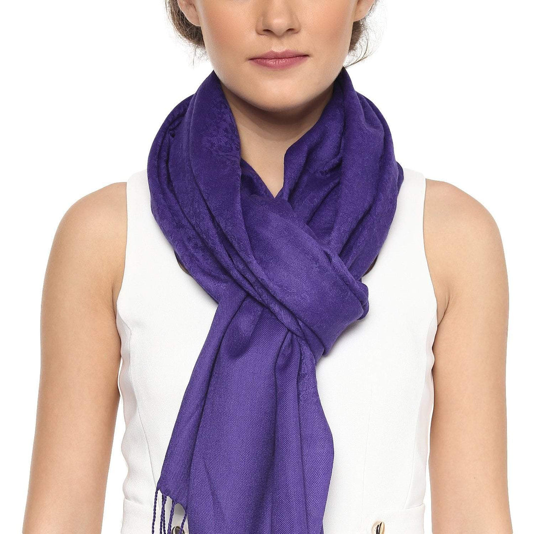 Pashtush Womens Stole, Fine Wool Scarf, Paisley Jacquard Weave, Purple