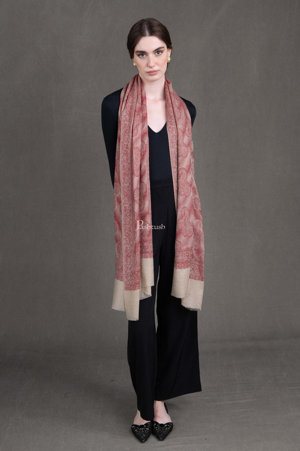 Pashtush India Womens Stoles and Scarves Scarf Pashtush Womens Stole, Fine Wool, Soft and Warm, Paisley Weave, Maroon