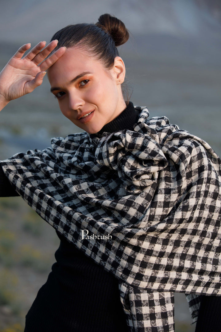Pashtush India Womens Stoles and Scarves Scarf Pashtush Womens Stole, Fine Wool, Soft, Light Weight and Warm, Checkered Black