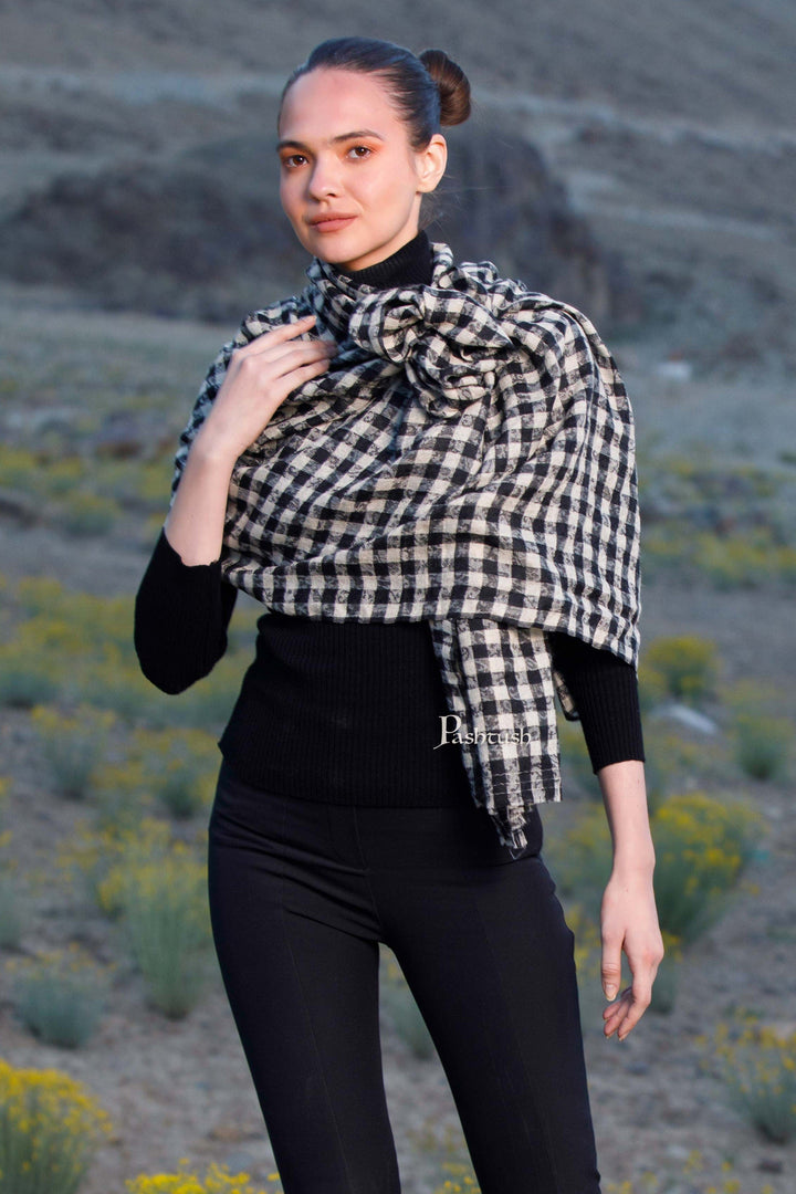 Pashtush India Womens Stoles and Scarves Scarf Pashtush Womens Stole, Fine Wool, Soft, Light Weight and Warm, Checkered Black