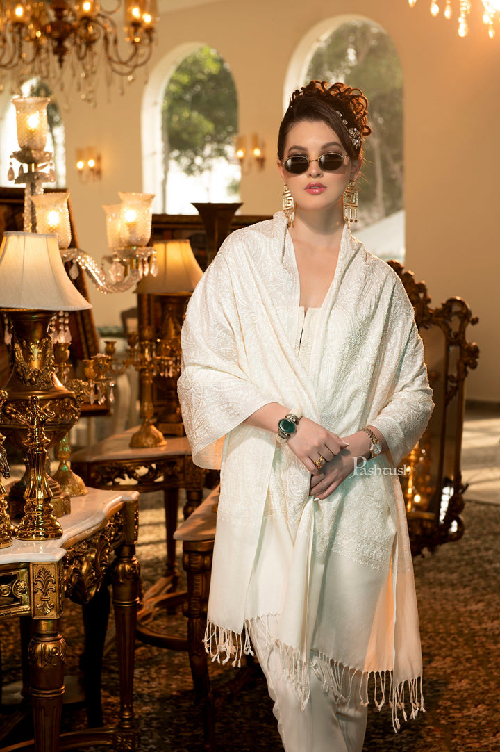 Pashtush India Womens Stoles and Scarves Scarf Pashtush Womens Stole Fine Woollen, Silky Nalki Embroidery Tone on Tone, Ivory