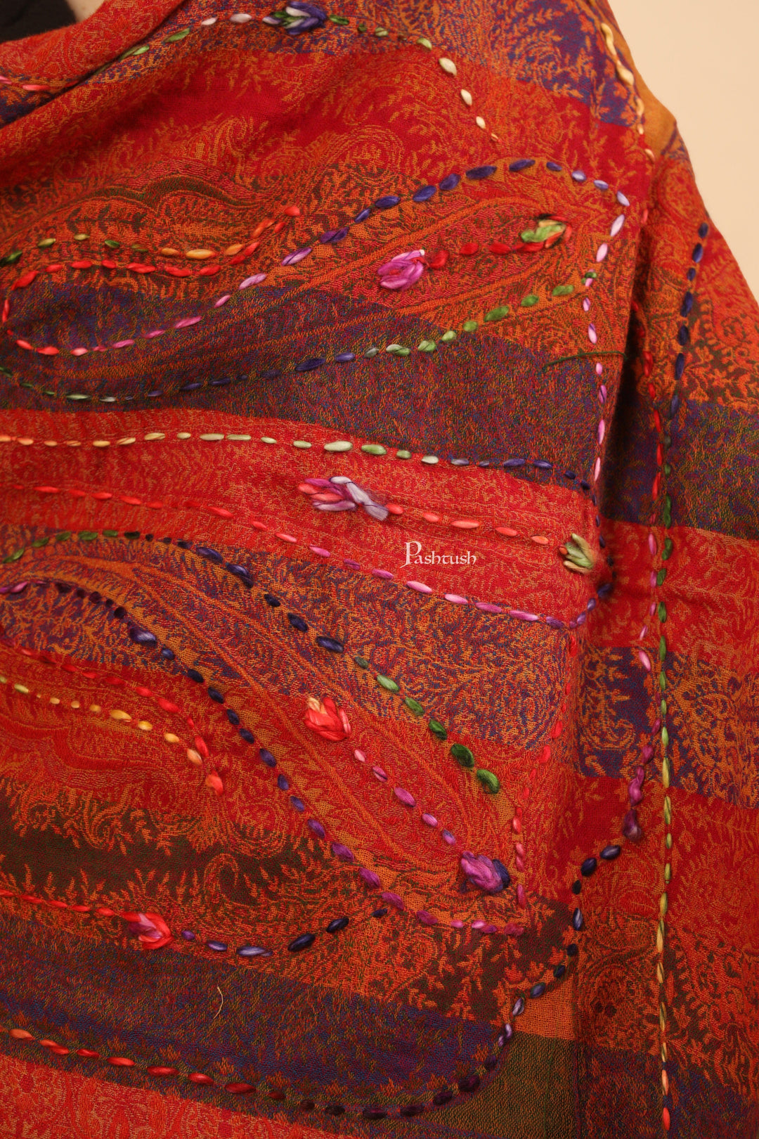 Pashtush India Womens Stoles Pashtush Womens Stole, Hand Embroidery with Woollen Thread, Soft and Warm, Crimson