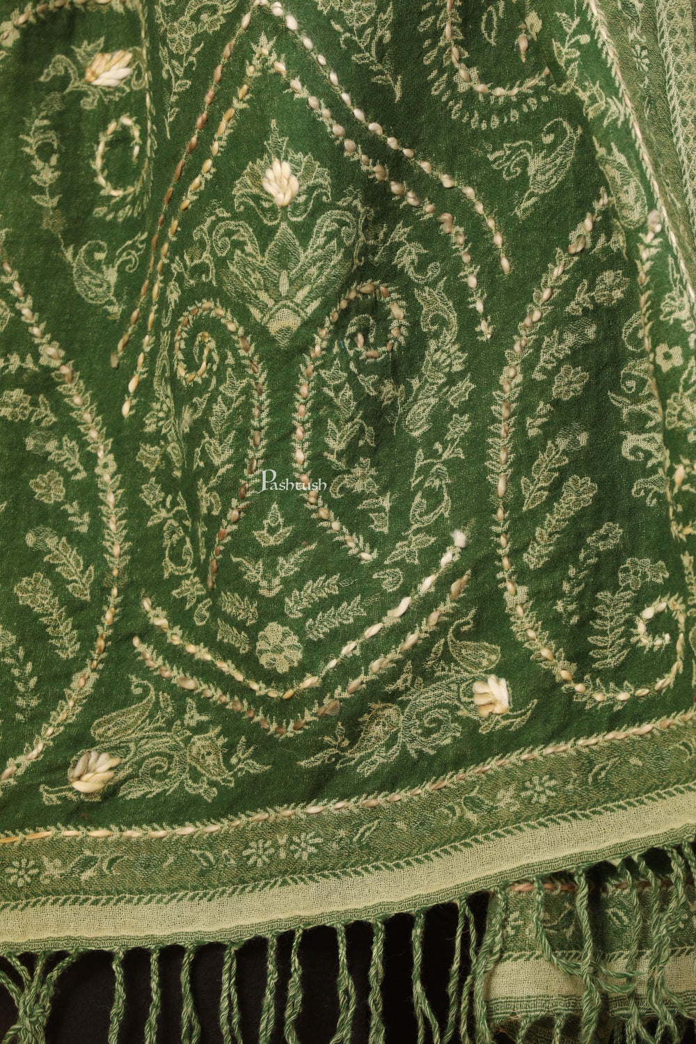Pashtush India Womens Stoles Pashtush Womens Stole, Hand Embroidery with Woollen Thread, Soft and Warm, Emerald Green