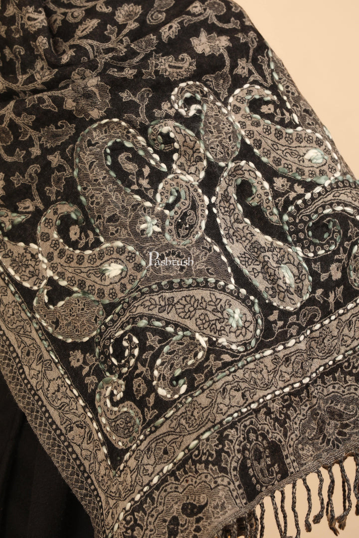 Pashtush India Womens Stoles Pashtush Womens Stole, Hand Embroidery with Woollen Thread, Soft and Warm, Sage