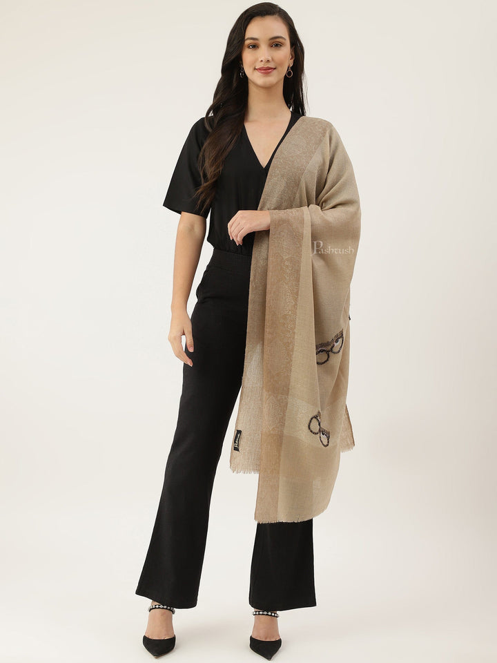 Pashtush India Womens Stoles and Scarves Scarf Pashtush womens Stole, Handmade Scrooge glasses design, Beige