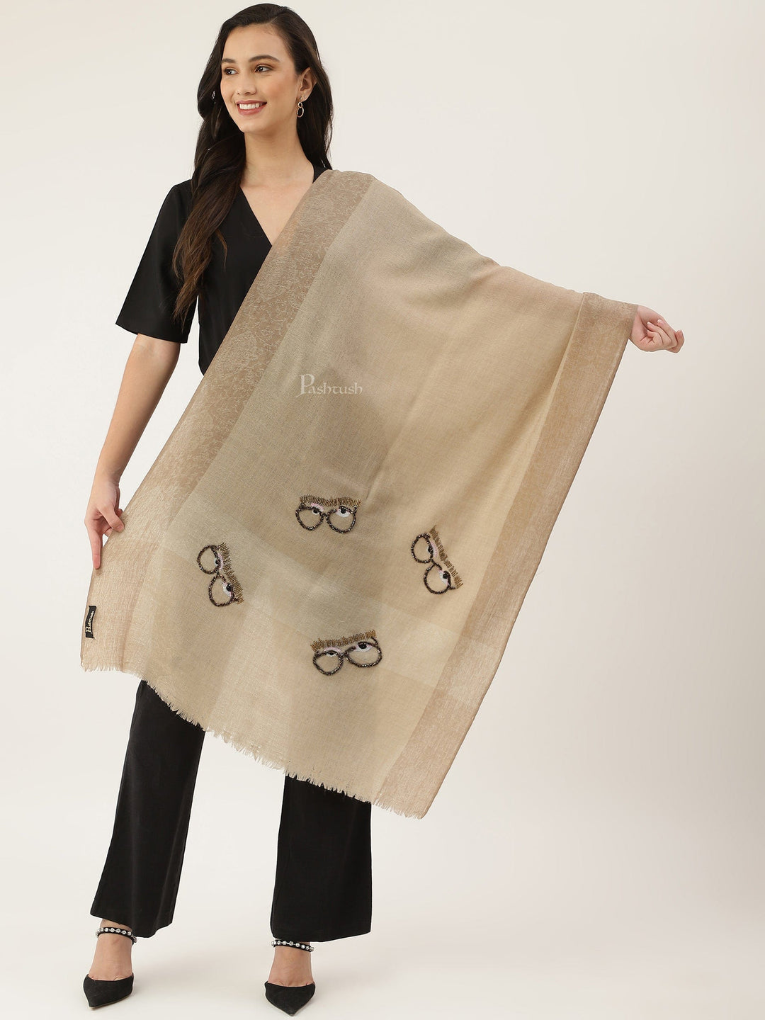 Pashtush India Womens Stoles and Scarves Scarf Pashtush womens Stole, Handmade Scrooge glasses design, Beige