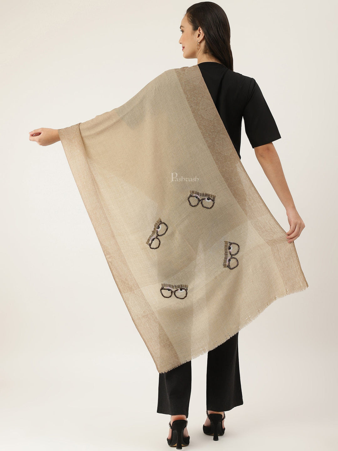 Pashtush India Womens Stoles and Scarves Scarf Pashtush womens Stole, Handmade Scrooge glasses design, Beige