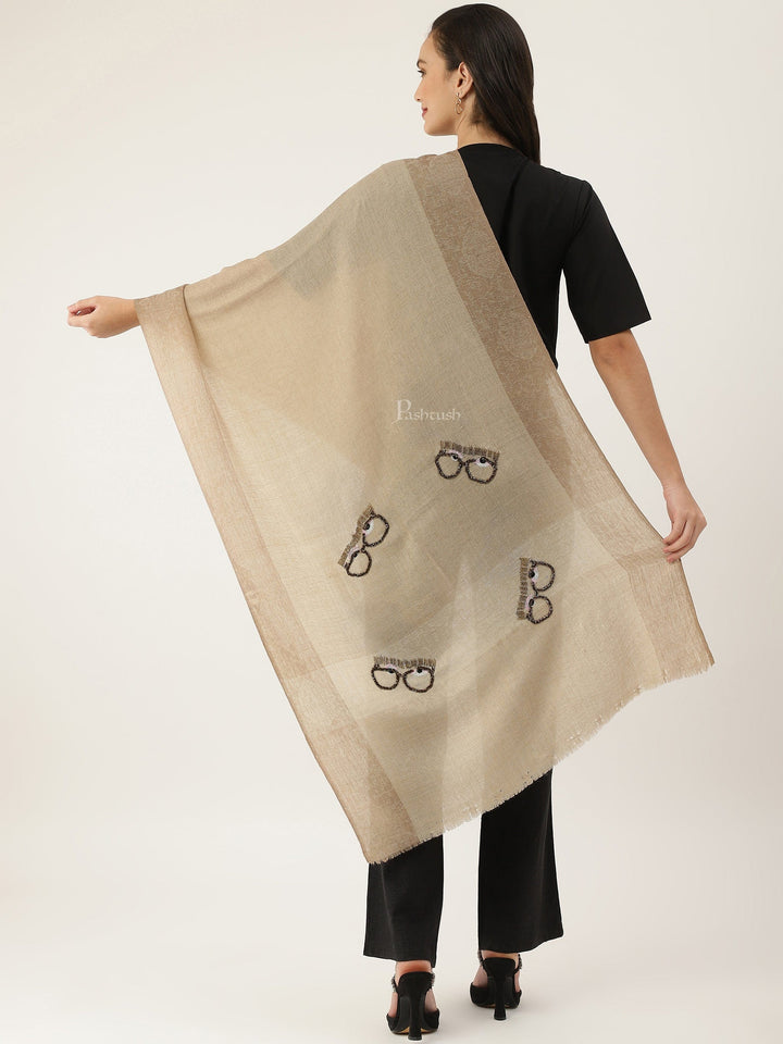 Pashtush India Womens Stoles and Scarves Scarf Pashtush womens Stole, Handmade Scrooge glasses design, Beige