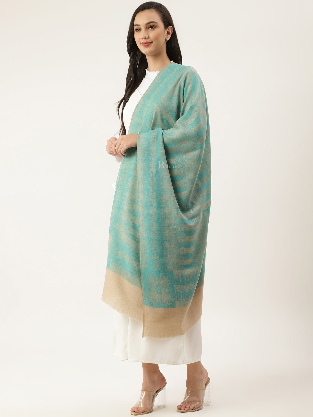 Pashtush India Womens Stoles and Scarves Scarf Pashtush womens Stole, Ikkat design, Seagreen