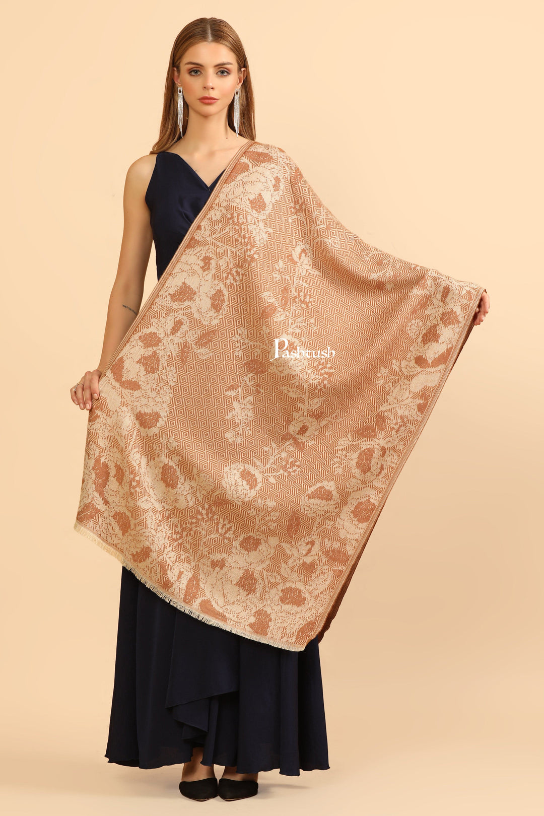 Pashtush India Womens Stoles Pashtush Womens Stole, Muffler, Earthy Florals, Soft Thick and Warm, Beige
