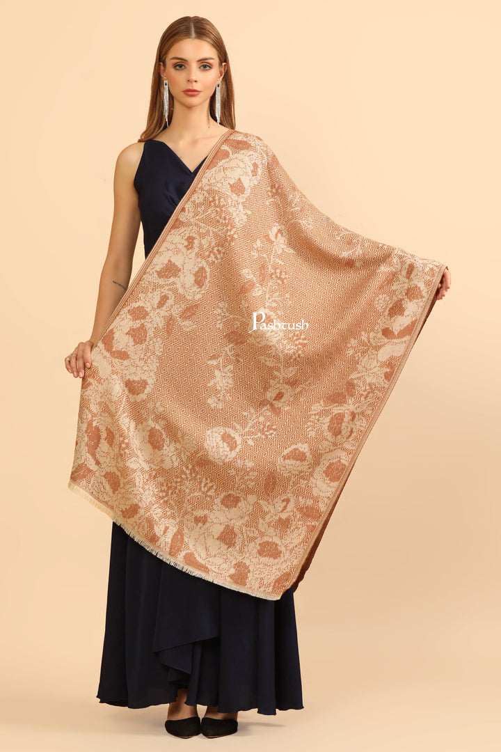 Pashtush India Womens Stoles Pashtush Womens Stole, Muffler, Earthy Florals, Soft Thick and Warm, Beige
