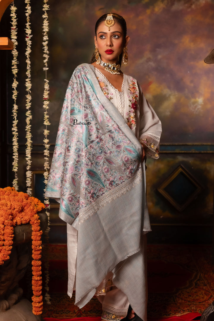 Pashtush India Womens Stoles and Scarves Scarf Pashtush Womens Stole, Nalki Embroidery, Fine Wool, Ivory