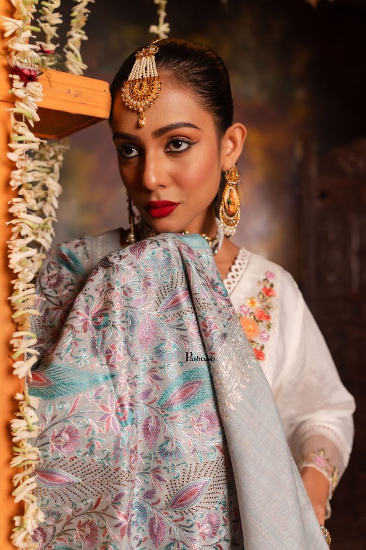 Pashtush India Womens Stoles and Scarves Scarf Pashtush Womens Stole, Nalki Embroidery, Fine Wool, Ivory