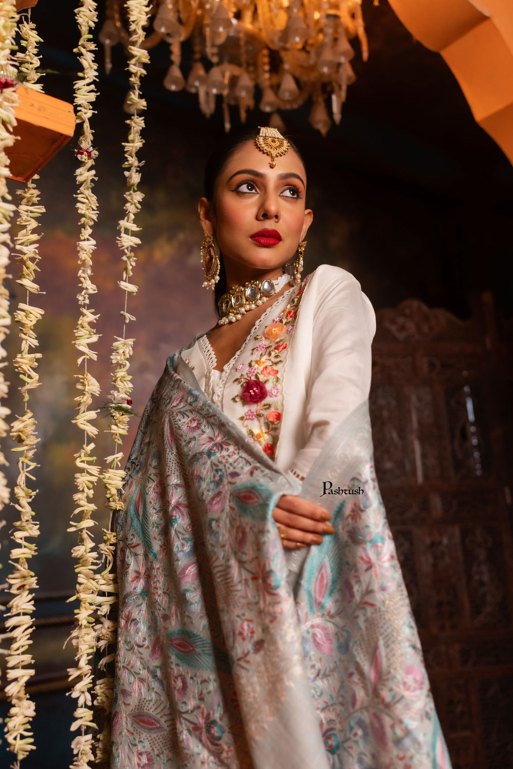 Pashtush India Womens Stoles and Scarves Scarf Pashtush Womens Stole, Nalki Embroidery, Fine Wool, Ivory