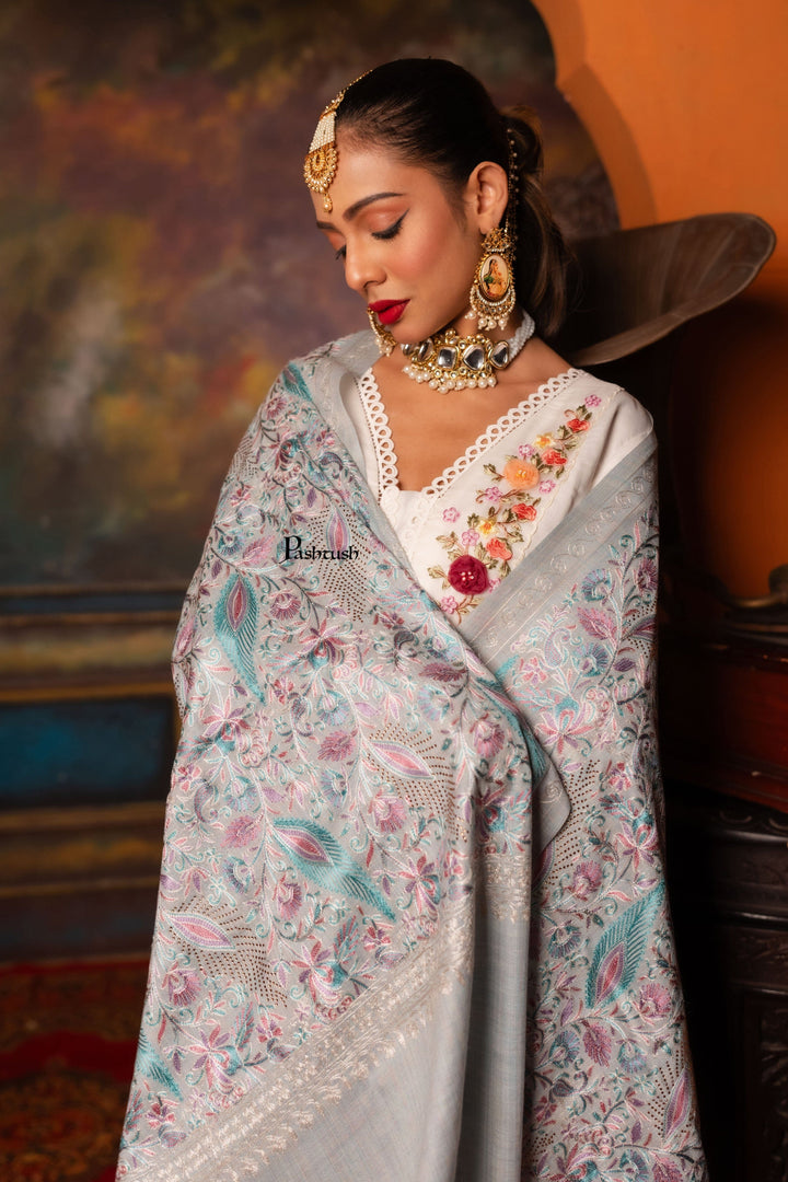 Pashtush India Womens Stoles and Scarves Scarf Pashtush Womens Stole, Nalki Embroidery, Fine Wool, Ivory