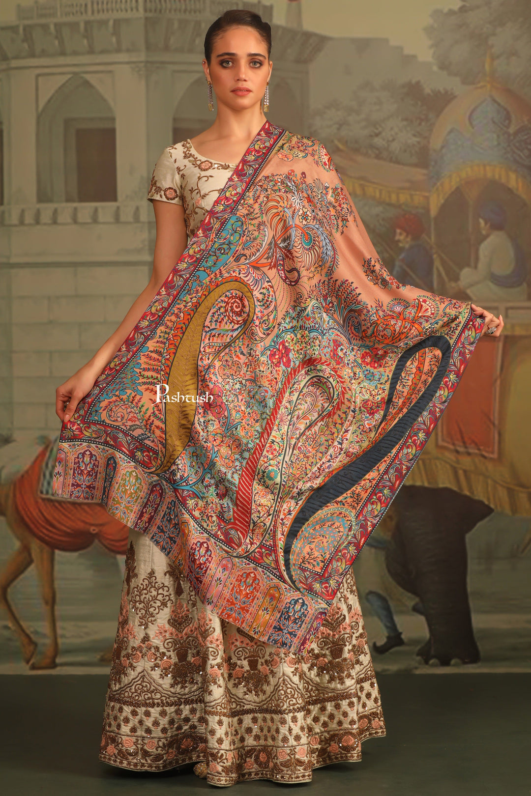 Pashtush India Womens Stoles and Scarves Scarf Pashtush Womens Stole, Printed Bamboo With Outline Embroidery, Multicoloured