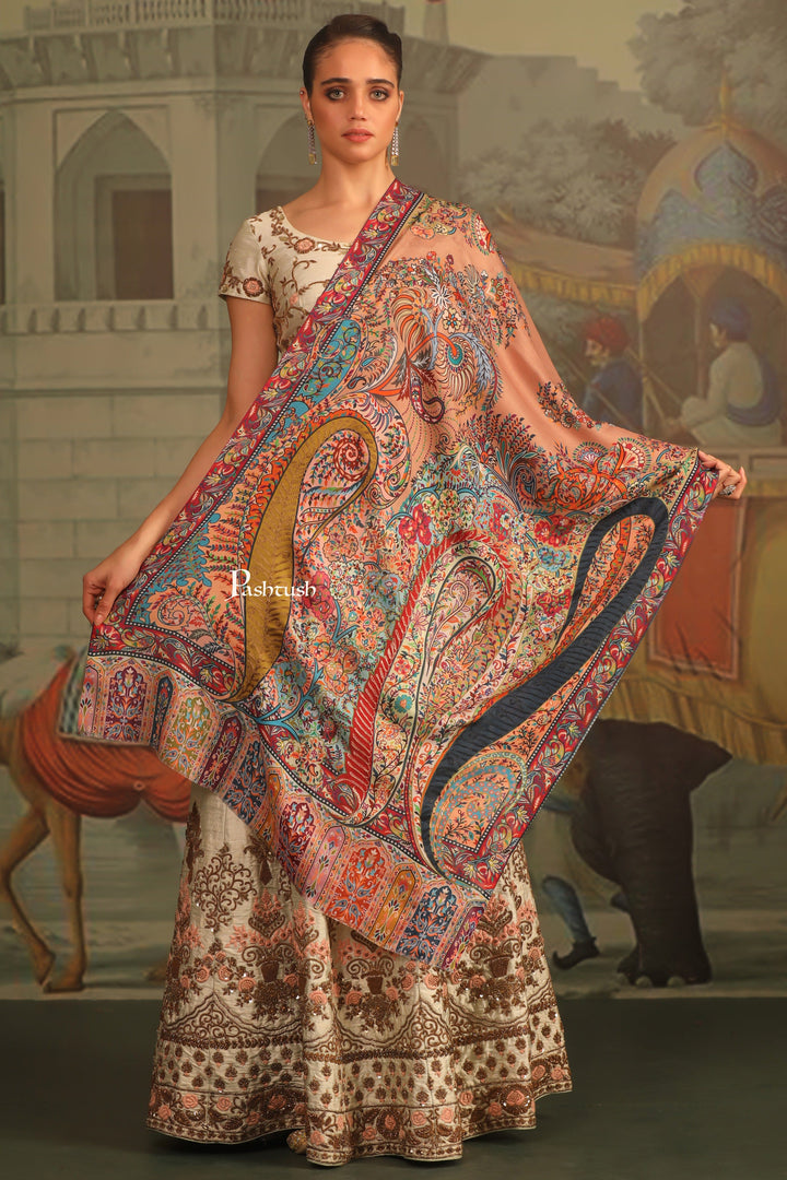 Pashtush India Womens Stoles and Scarves Scarf Pashtush Womens Stole, Printed Bamboo With Outline Embroidery, Multicoloured