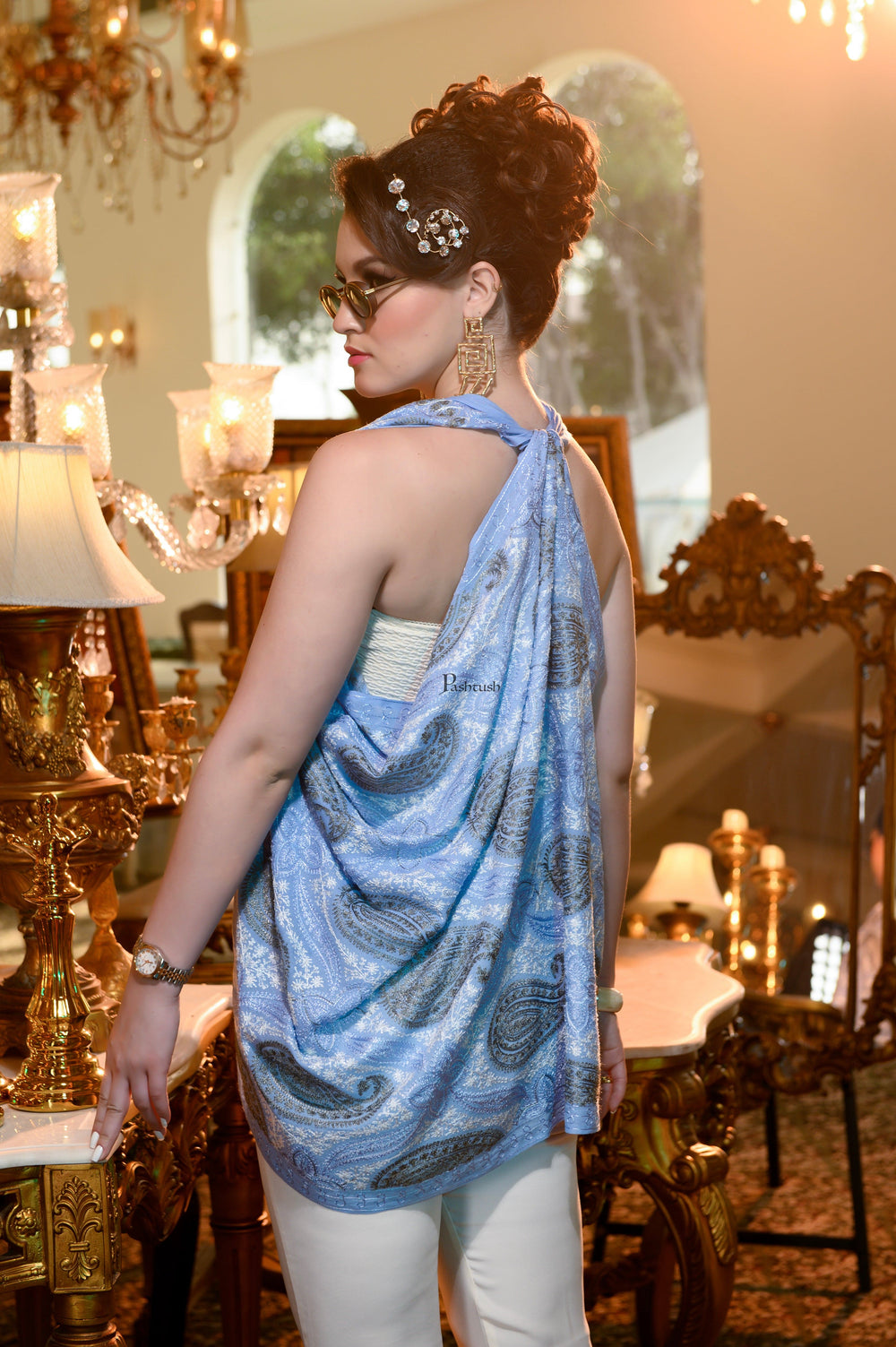 Pashtush India Womens Stoles and Scarves Scarf Pashtush Womens Stole, Soft Silky Nalki Embroidery Needlework Stole