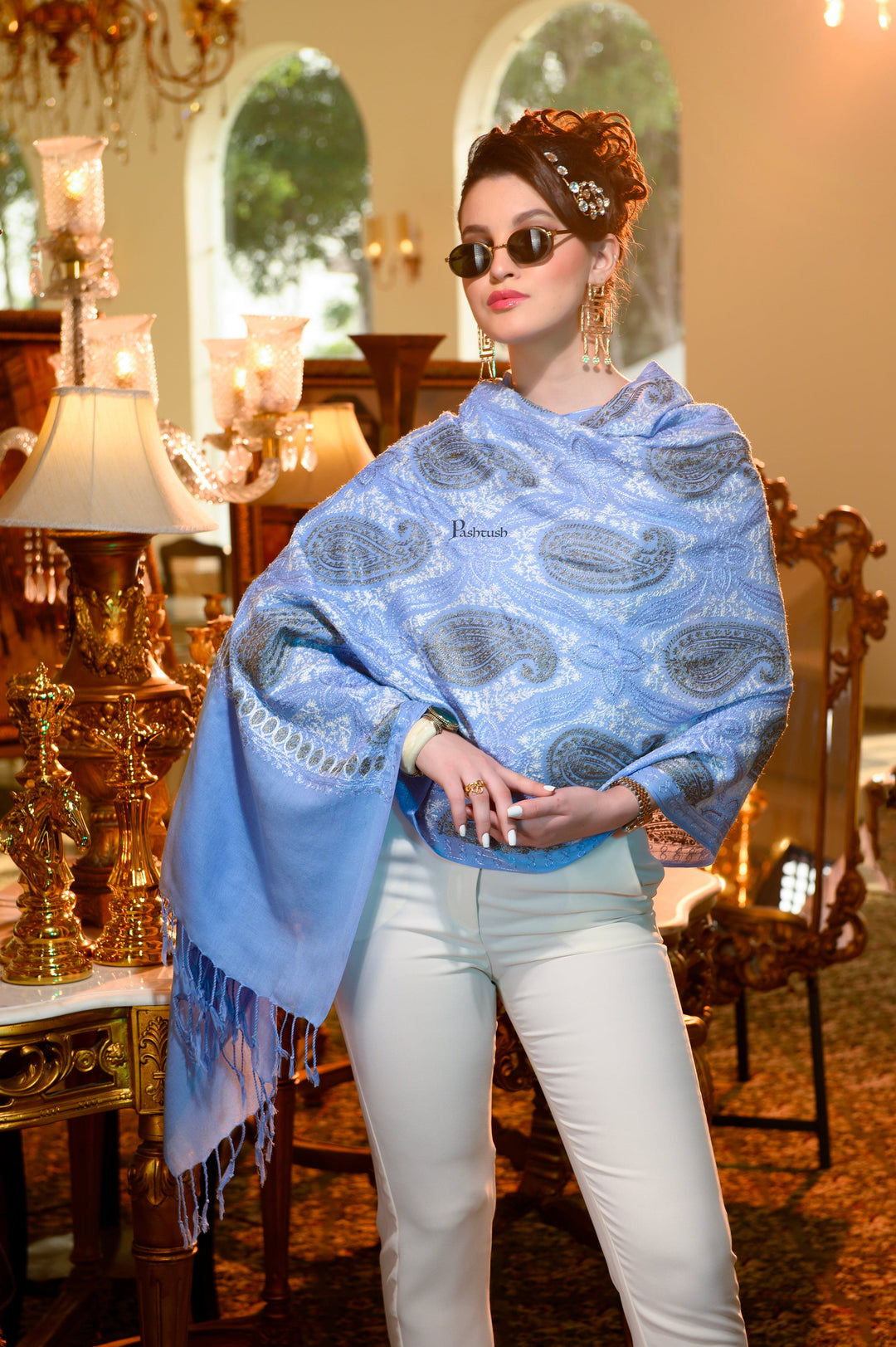 Pashtush India Womens Stoles and Scarves Scarf Pashtush Womens Stole, Soft Silky Nalki Embroidery Needlework Stole