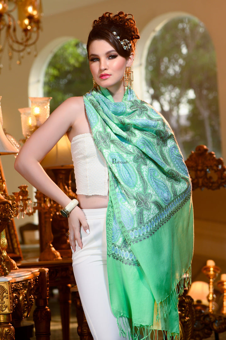 Pashtush India Womens Stoles and Scarves Scarf Pashtush Womens Stole, Soft Silky Nalki Embroidery Needlework Stole, Mint