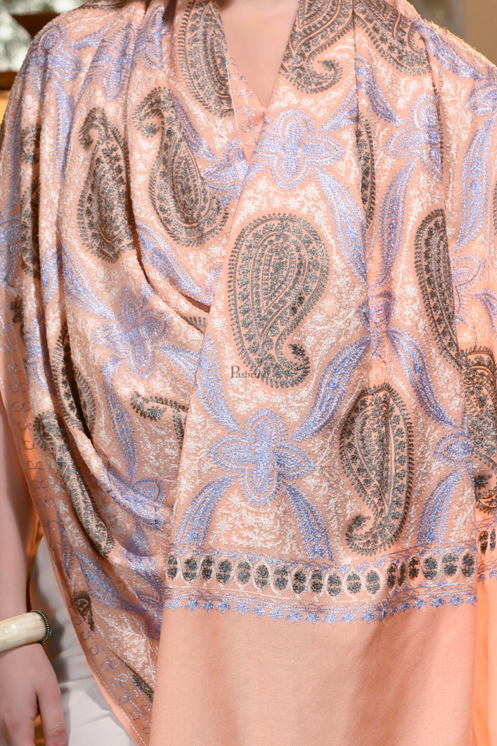 Pashtush India Womens Stoles and Scarves Scarf Pashtush Womens Stole, Soft Silky Nalki Embroidery Needlework Stole, Peach