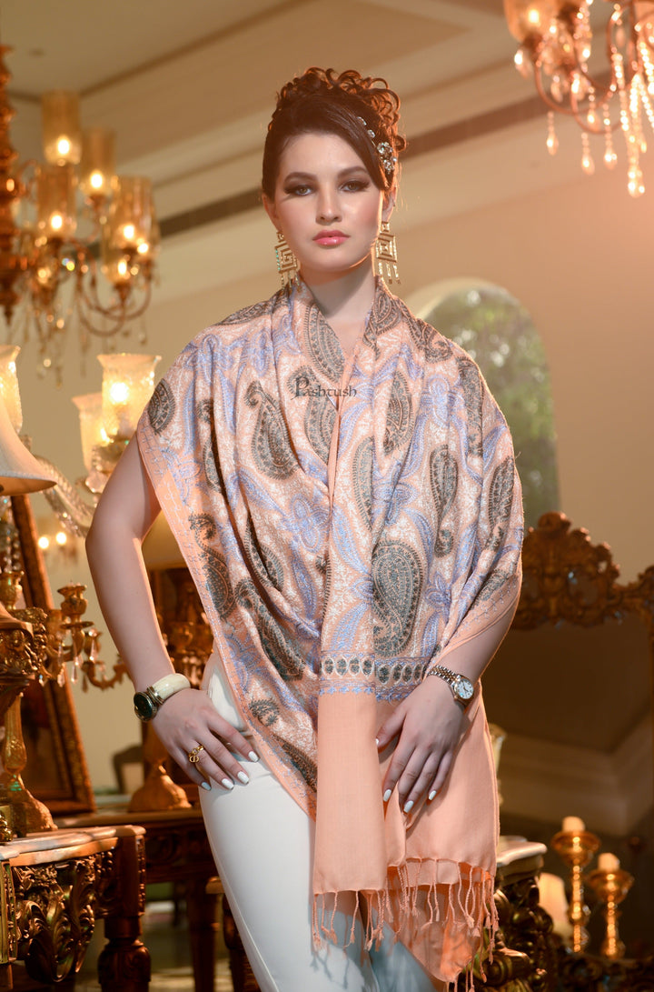 Pashtush India Womens Stoles and Scarves Scarf Pashtush Womens Stole, Soft Silky Nalki Embroidery Needlework Stole, Peach