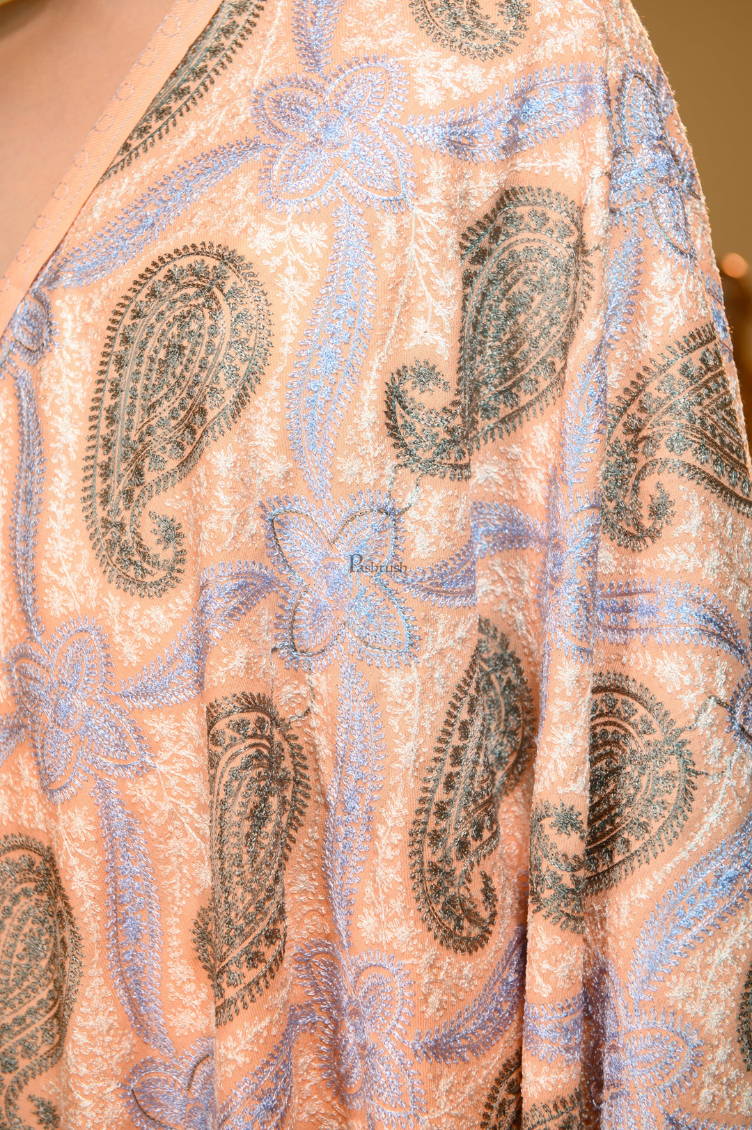 Pashtush India Womens Stoles and Scarves Scarf Pashtush Womens Stole, Soft Silky Nalki Embroidery Needlework Stole, Peach