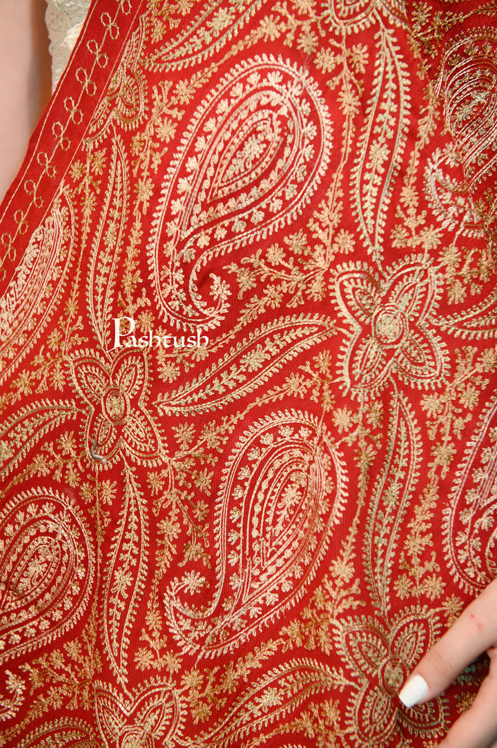 Pashtush India Womens Stoles and Scarves Scarf Pashtush Womens Stole, Soft Silky Nalki Embroidery Needlework Stole, Red