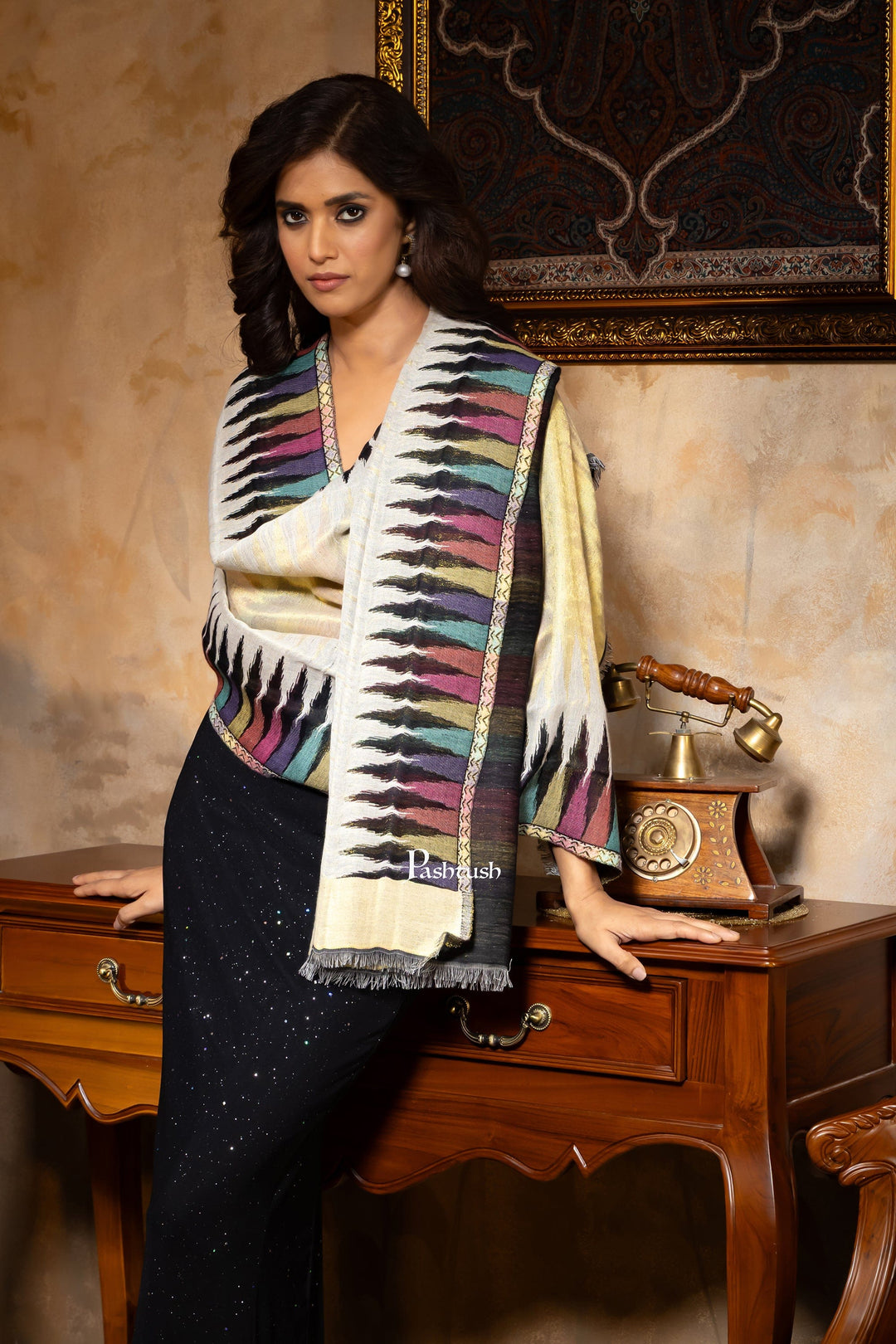 Pashtush India womens scarf and Stoles Pashtush Womens Stole, Twilight Collection, Gold Metallic Ikkat Weave, Fine Wool, Multicoloured